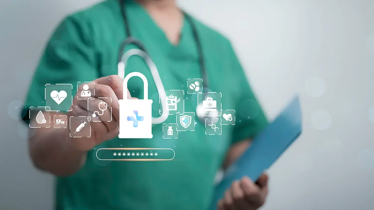 Healthcare security and HIPAA compliance concept with AI technology